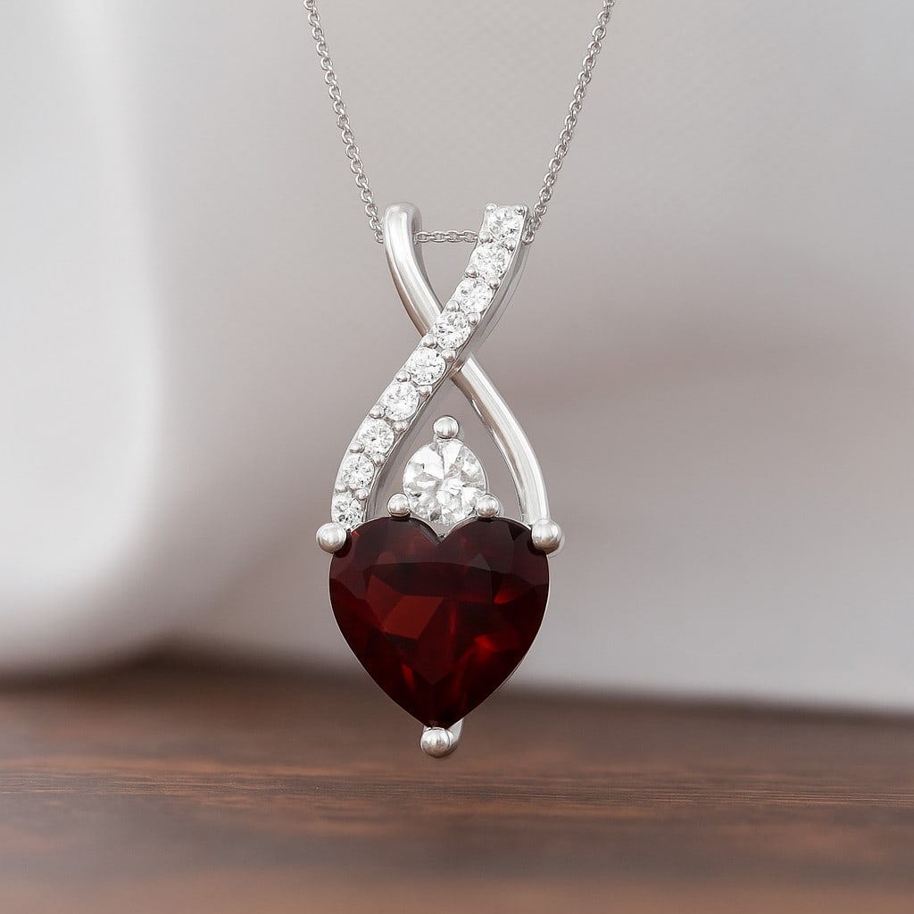 Natural Garnet & Diamond 92.5 Sterling Silver Pendant with Chain: Natural Garnet & Diamond 92.5 Sterling Silver Pendant with Chain Gemstone Shape : Heart Gemstone Size : 5 MM Gemstone Quantity : 1 Piece Diamond Type : Lab Grown Diamond Shape : Round Diamond C