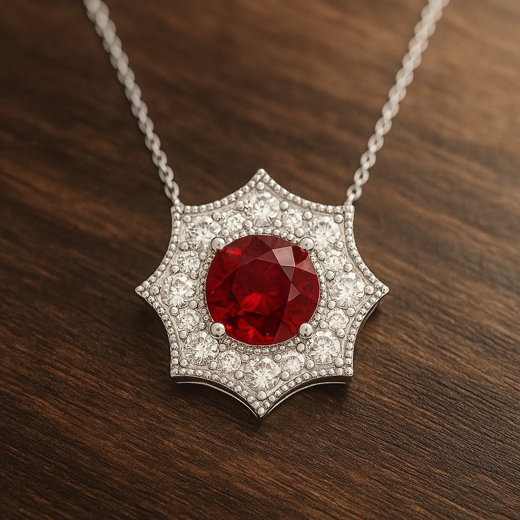 Natural Ruby & Diamond 92.5 Sterling Silver Pendant with Chain: Natural Ruby & Diamond 92.5 Sterling Silver Pendant with Chain Gemstone Shape : Round Gemstone Size : 5 MM Gemstone Quantity : 1 Piece Diamond Type : Lab Grown Diamond Shape : Round Diamond Col