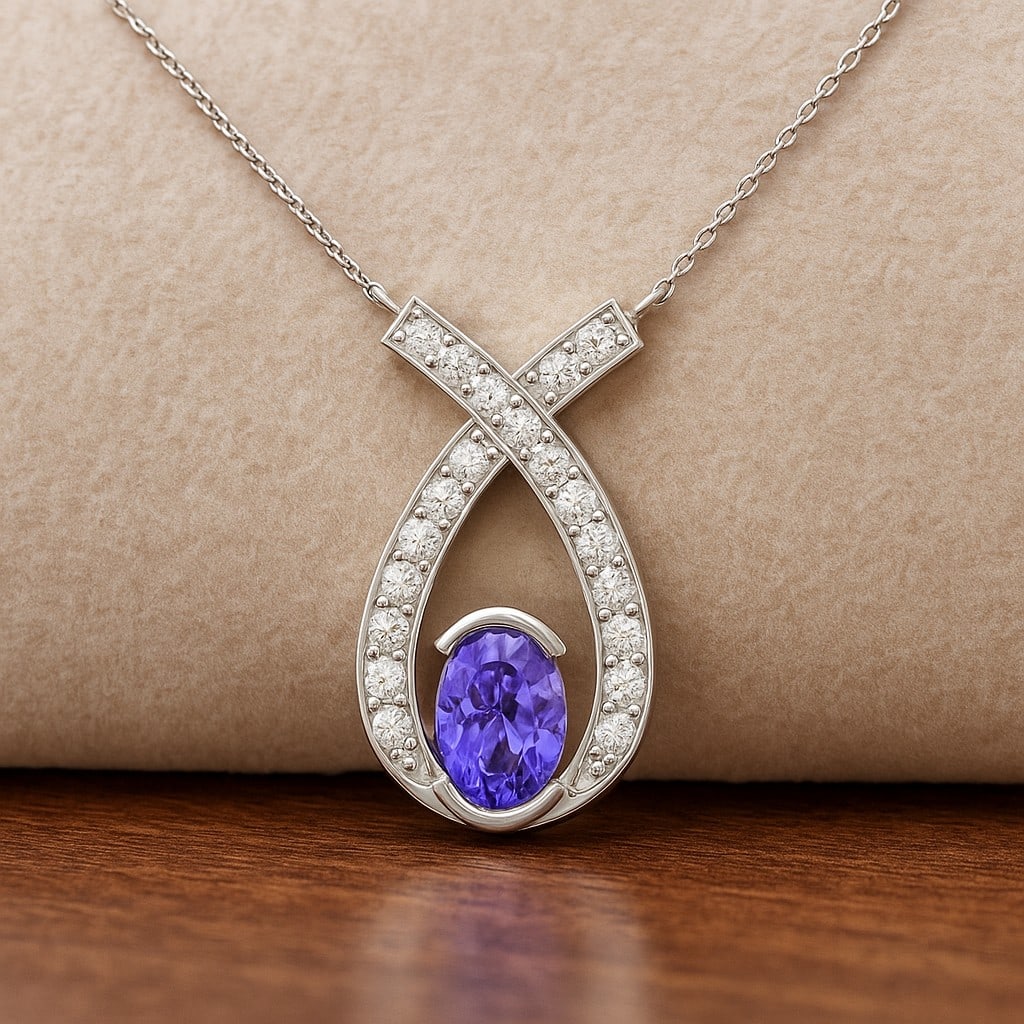 Natural Tanzanite & Diamond 92.5 Sterling Silver Pendant with Chain: Natural Tanzanite & Diamond 92.5 Sterling Silver Pendant with Chain Gemstone Shape : Oval Gemstone Size : 7x5 MM Gemstone Quantity : 1 Piece Diamond Type : Lab Grown Diamond Shape : Round Diamo