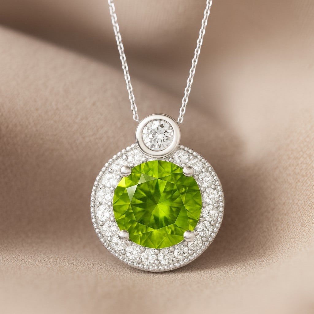 Natural Peridot & Diamond 92.5 Sterling Silver Pendant with Chain: Natural Peridot & Diamond 92.5 Sterling Silver Pendant with Chain Gemstone Shape : Round Gemstone Size : 7 MM Gemstone Quantity : 1 Piece Diamond Type : Lab Grown Diamond Shape : Round Diamond