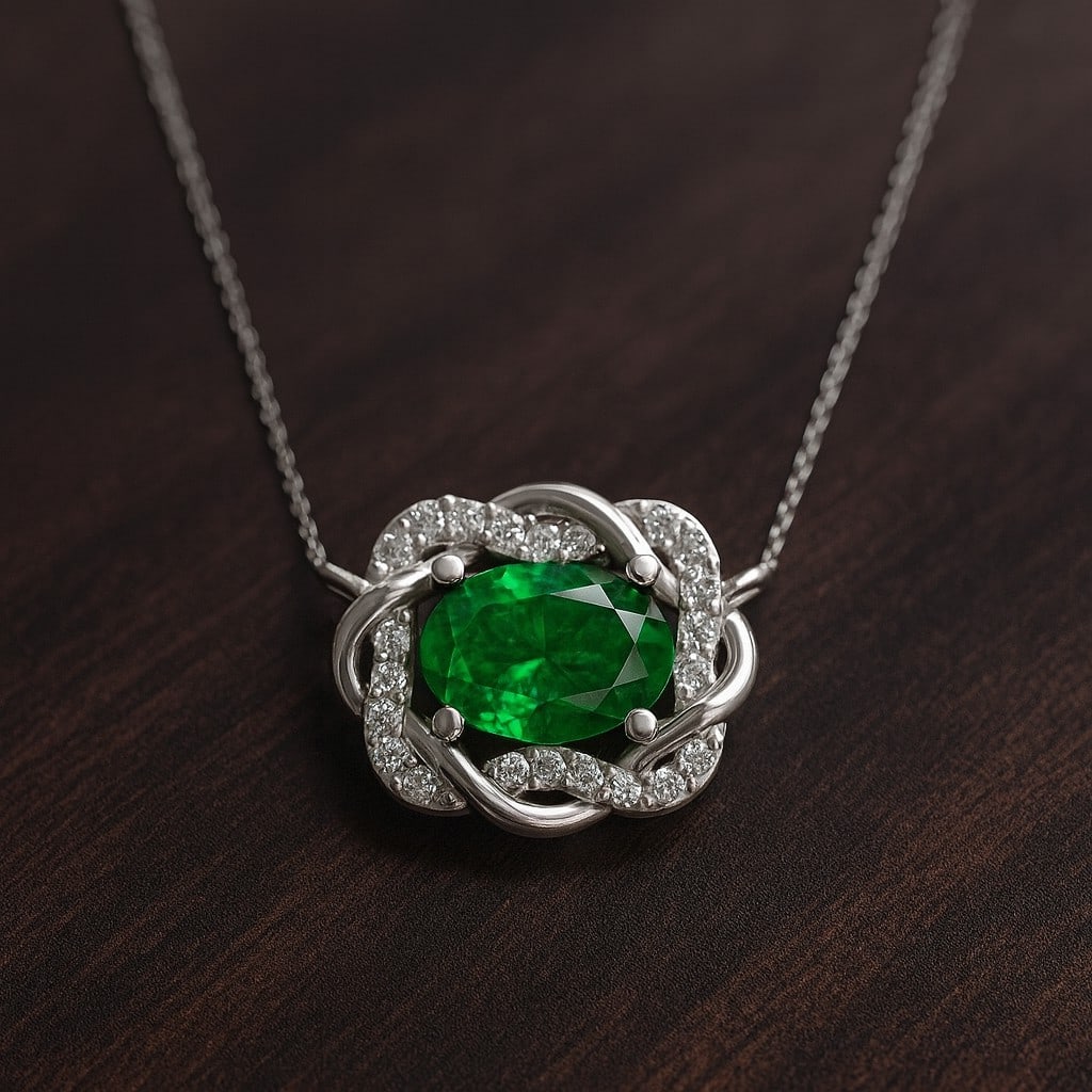 Lab Grown Emerald & Diamond 92.5 Sterling Silver Necklace: Lab Grown Emerald & Diamond 92.5 Sterling Silver Necklace Gemstone Shape : Oval Gemstone Size : 7x5 MM Gemstone Quantity : 1 Piece Diamond Type : Lab Grown Diamond Shape : Round Diamond Color :