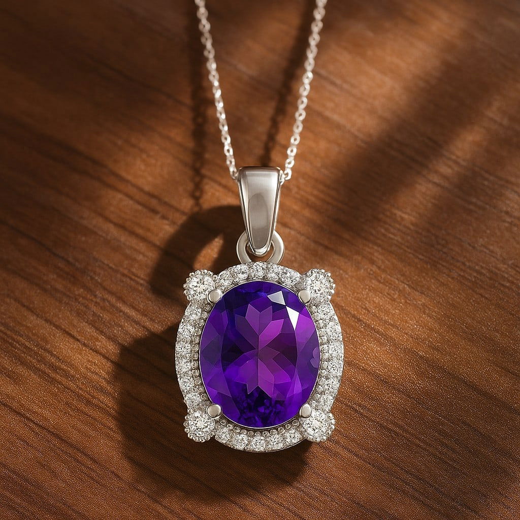 Natural Amethyst & Diamond 92.5 Sterling Silver Pendant with Chain (1 of 7)