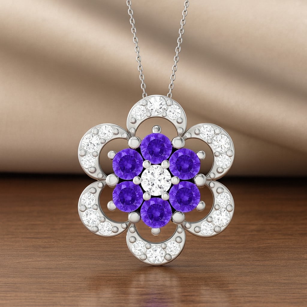 Natural Tanzanite & Diamond 92.5 Sterling Silver Pendant with Chain: Natural Tanzanite & Diamond 92.5 Sterling Silver Pendant with Chain Gemstone Shape : Round Gemstone Size : 2.5 MM Gemstone Quantity : 6 Pieces Diamond Type : Lab Grown Diamond Shape : Round Dia