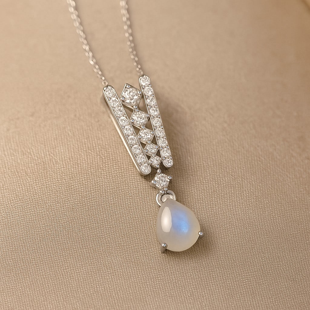 Natural Moonstone & Diamond 92.5 Sterling Silver Pendant with Chain: Natural Moonstone & Diamond 92.5 Sterling Silver Pendant with Chain Gemstone Shape : Pear Gemstone Size : 8x6 MM Gemstone Quantity : 1 Piece Diamond Type : Lab Grown Diamond Shape : Round Diamo