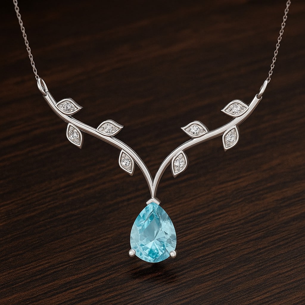 Natural Aquamarine & Diamond 92.5 Sterling Silver Necklace: Natural Aquamarine & Diamond 92.5 Sterling Silver Necklace Gemstone Shape : Pear Gemstone Size : 8x6 MM Gemstone Quantity : 1 Piece Diamond Type : Lab Grown Diamond Shape : Round Diamond Color