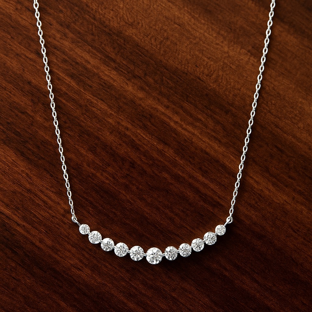 Lab Grown Diamond 92.5 Sterling Silver Necklace: Lab Grown Diamond 92.5 Sterling Silver Necklace Gemstone Shape : Round Gemstone Size : 3.5 - 6 MM Gemstone Quantity : 11 Pieces Diamond Type : Lab Grown Diamond Shape : Round Diamond Color :