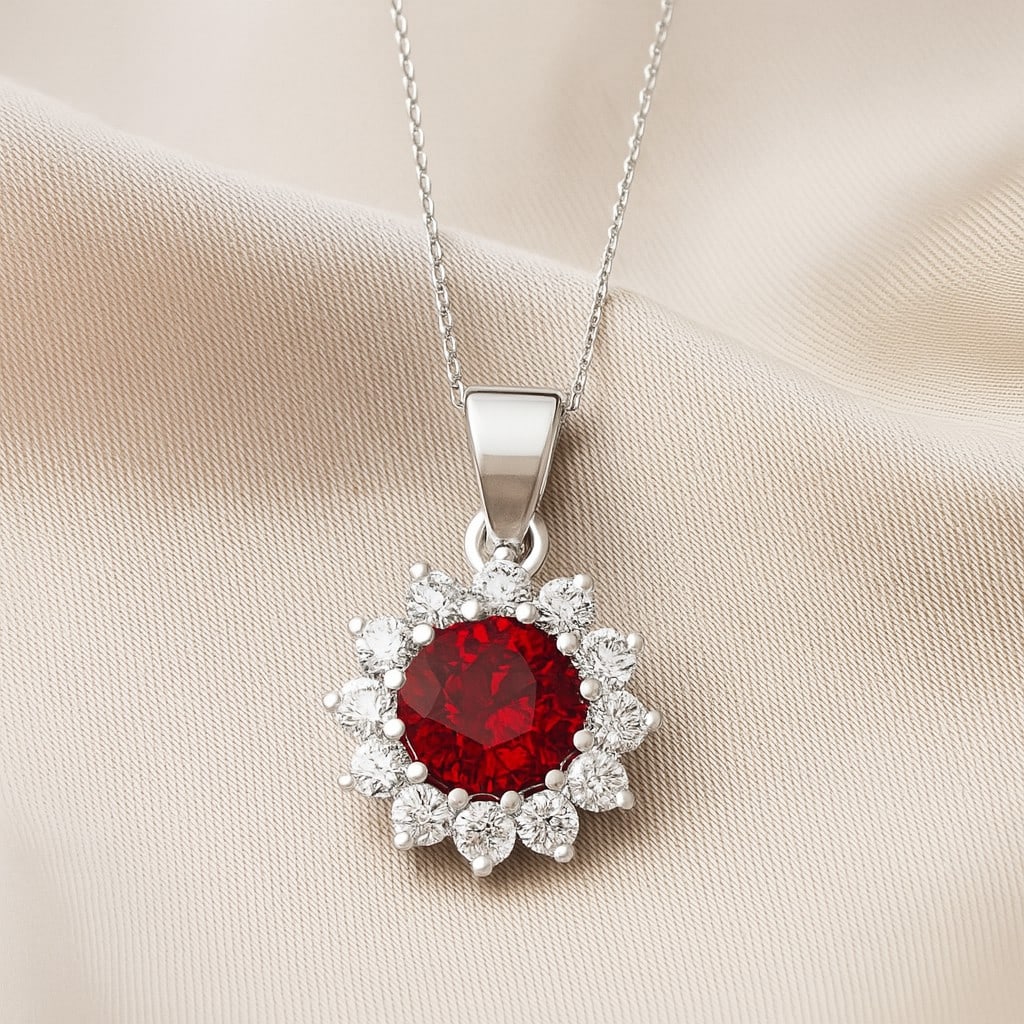 Natural Ruby & Diamond 92.5 Sterling Silver Pendant with Chain: Natural Ruby & Diamond 92.5 Sterling Silver Pendant with Chain Gemstone Shape : Round Gemstone Size : 7 MM Gemstone Quantity : 1 Piece Diamond Type : Lab Grown Diamond Shape : Round Diamond Col