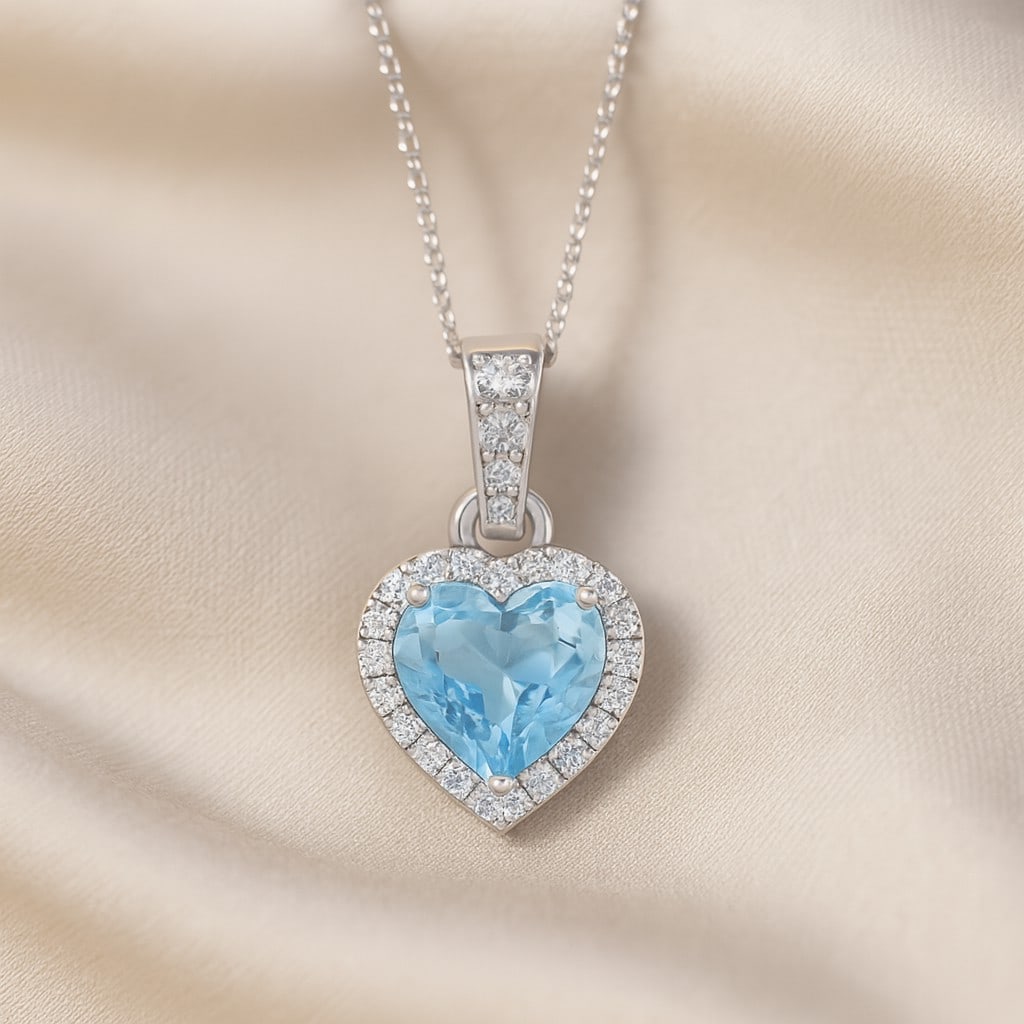 Natural Swiss Blue Topaz & Diamond 92.5 Sterling Silver Pendant with Chain: Natural Swiss Blue Topaz & Diamond 92.5 Sterling Silver Pendant with Chain Gemstone Shape : Heart Gemstone Size : 6 MM Gemstone Quantity : 1 Piece Diamond Type : Lab Grown Diamond Shape : Round