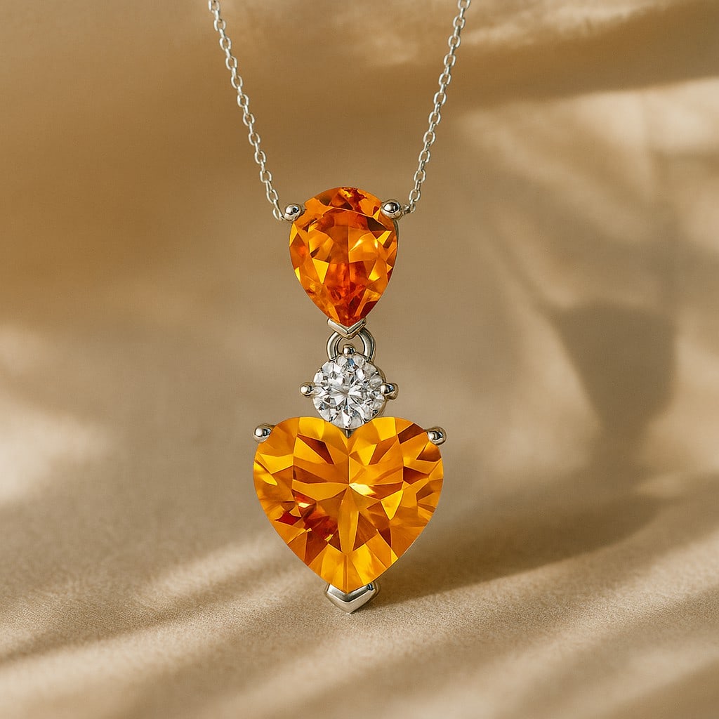 Natural Citrine & Diamond 92.5 Sterling Silver Pendant with Chain: Natural Citrine & Diamond 92.5 Sterling Silver Pendant with Chain Gemstone Shape : Heart, Pear Gemstone Size : 9 MM, 7x5 MM Gemstone Quantity : 2 Pieces Diamond Type : Lab Grown Diamond Shape : Round<