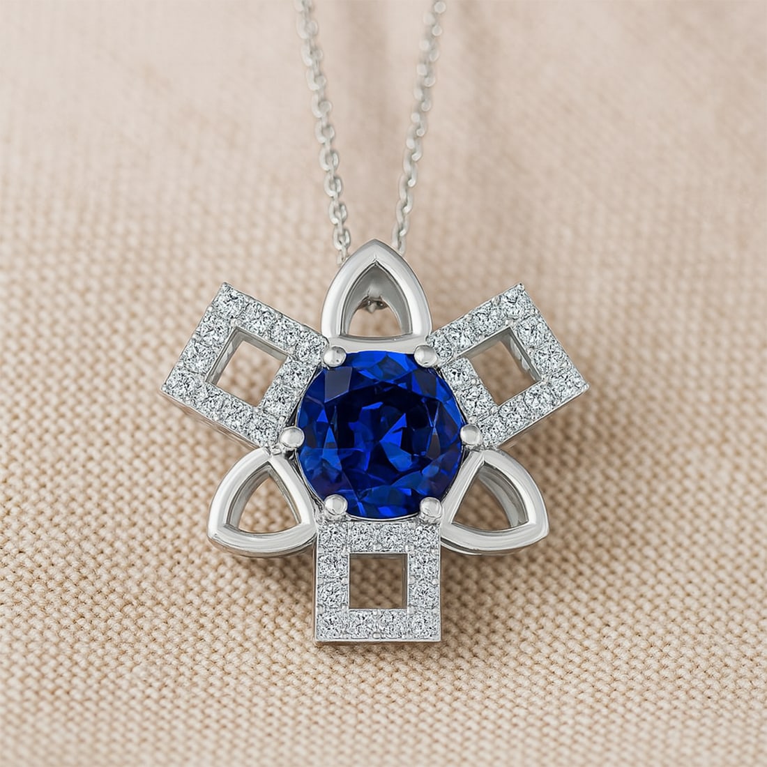 Natural Blue Sapphire & Diamond 92.5 Sterling Silver Pendant with Chain (1 of 7)