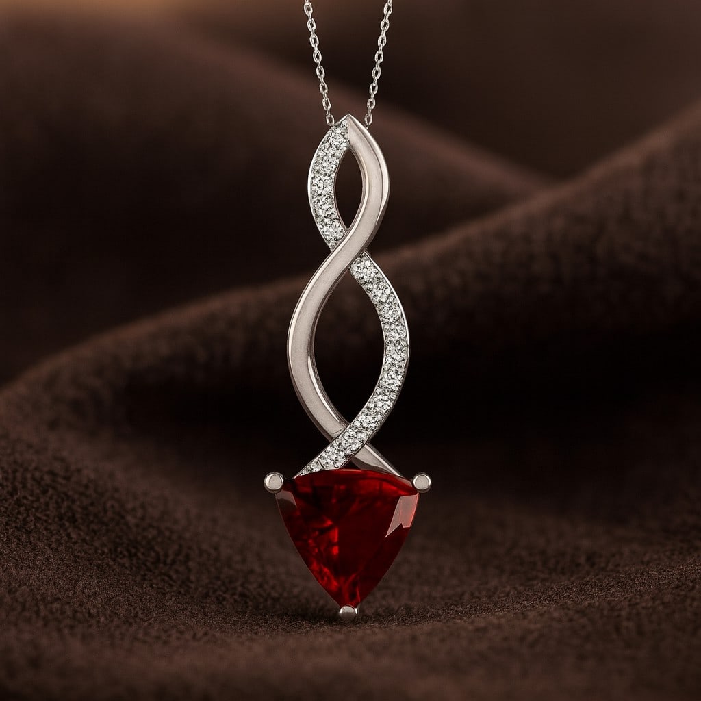 Natural Ruby & Diamond 92.5 Sterling Silver Pendant with Chain: Natural Ruby & Diamond 92.5 Sterling Silver Pendant with Chain Gemstone Shape : Trillion Curved Gemstone Size : 7 MM Gemstone Quantity : 1 Piece Diamond Type : Lab Grown Diamond Shape : Round D