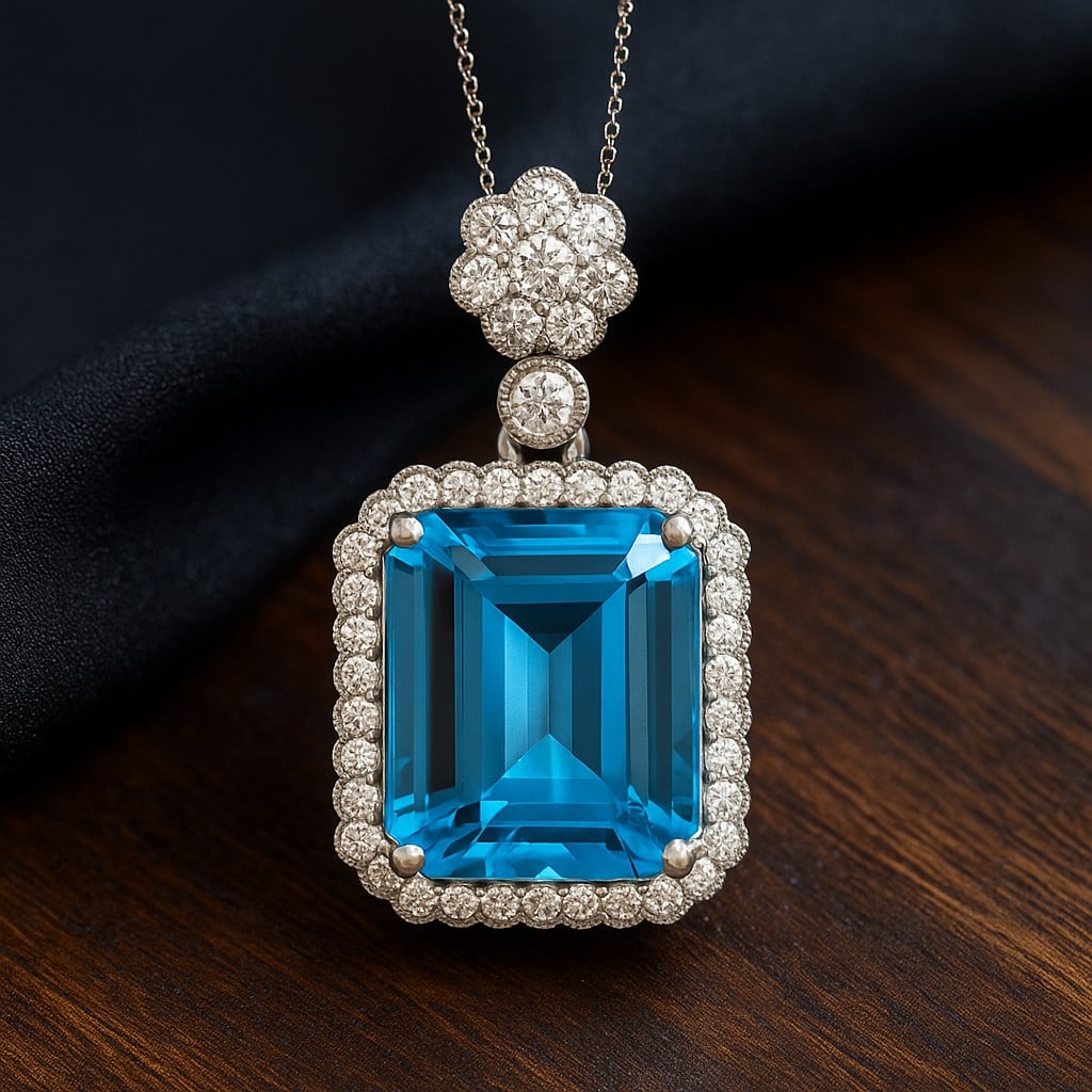 Natural Swiss Blue Topaz & Diamond 92.5 Sterling Silver Pendant with Chain: Natural Swiss Blue Topaz & Diamond 92.5 Sterling Silver Pendant with Chain Gemstone Shape : Emerald Gemstone Size : 12x10 MM Gemstone Quantity : 1 Piece Diamond Type : Lab Grown Diamond Shape : Round<