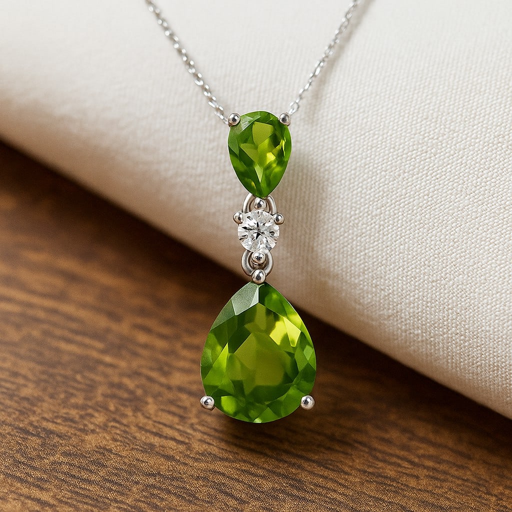 Natural Peridot & Diamond 92.5 Sterling Silver Pendant with Chain: Natural Peridot & Diamond 92.5 Sterling Silver Pendant with Chain Gemstone Shape : Pear Gemstone Size : 10x8 MM, 7x5 MM Gemstone Quantity : 2 Pieces Diamond Type : Lab Grown Diamond Shape : Round<