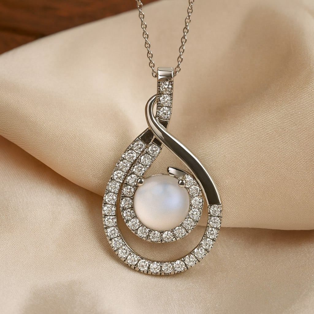 Natural Moonstone & Diamond 92.5 Sterling Silver Pendant with Chain (1 of 7)