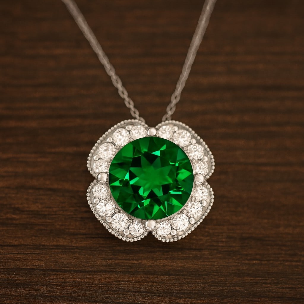 Lab Grown Emerald & Diamond 92.5 Sterling Silver Necklace: Lab Grown Emerald & Diamond 92.5 Sterling Silver Necklace Gemstone Shape : Round Gemstone Size : 8 MM Gemstone Quantity : 1 Piece Diamond Type : Lab Grown Diamond Shape : Round Diamond Color :