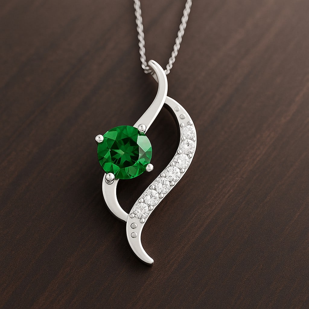 Lab Grown Emerald & Diamond 92.5 Sterling Silver Pendant with Chain: Lab Grown Emerald & Diamond 92.5 Sterling Silver Pendant with Chain Gemstone Shape : Round Gemstone Size : 6 MM Gemstone Quantity : 1 Piece Diamond Type : Lab Grown Diamond Shape : Round Diamon