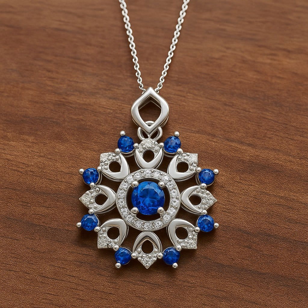 Natural Blue Sapphire & Diamond 92.5 Sterling Silver Pendant with Chain (1 of 7)