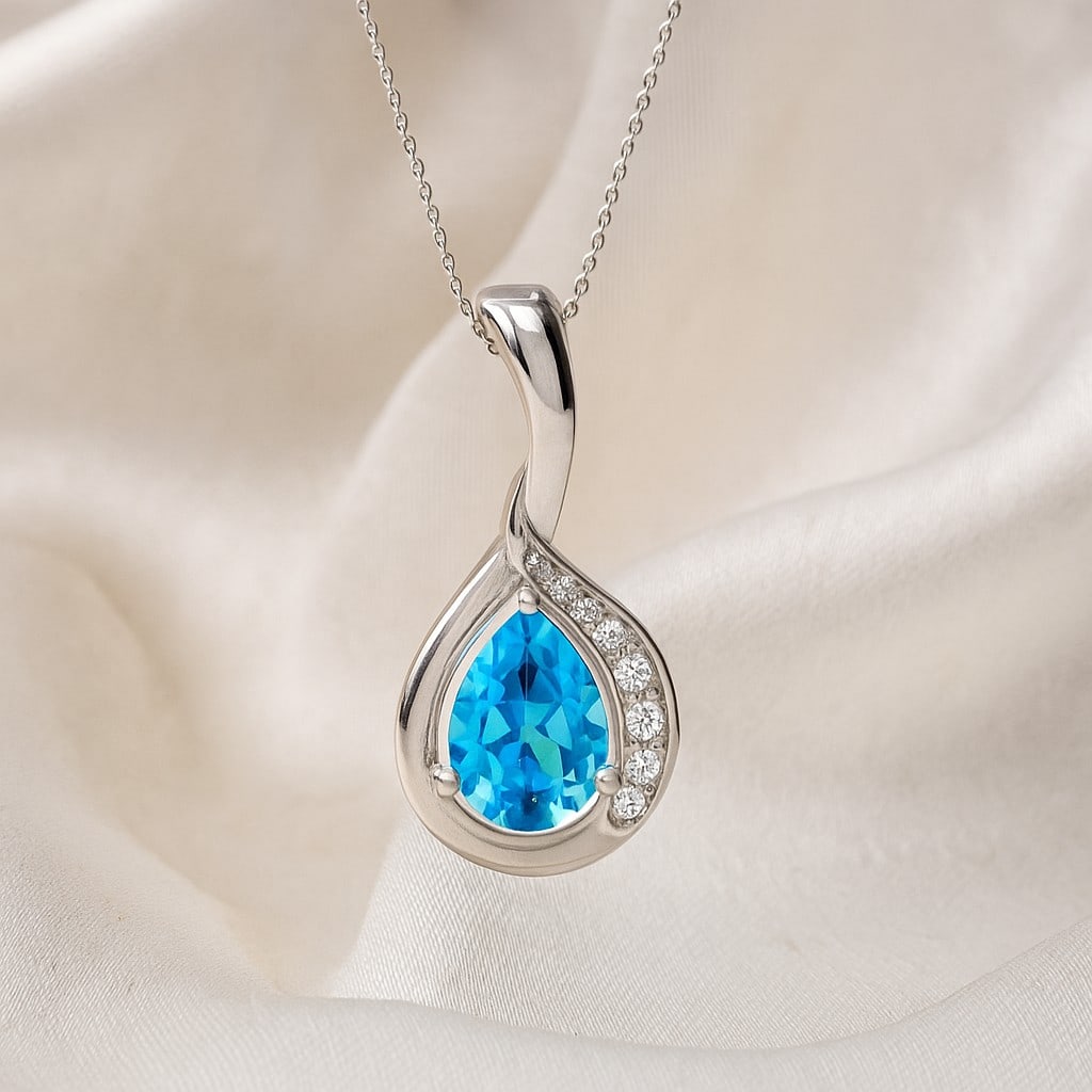 Natural Swiss Blue Topaz & Diamond 92.5 Sterling Silver Pendant with Chain: Natural Swiss Blue Topaz & Diamond 92.5 Sterling Silver Pendant with Chain Gemstone Shape : Pear Gemstone Size : 7x5 MM Gemstone Quantity : 1 Piece Diamond Type : Lab Grown Diamond Shape : Round