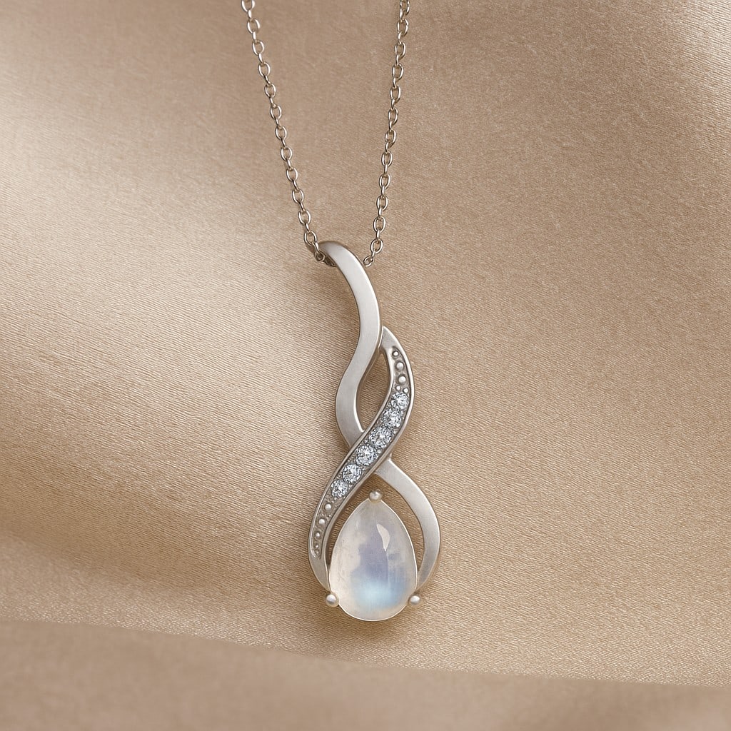 Natural Moonstone & Diamond 92.5 Sterling Silver Pendant with Chain: Natural Moonstone & Diamond 92.5 Sterling Silver Pendant with Chain Gemstone Shape : Pear Gemstone Size : 6x4 MM Gemstone Quantity : 1 Piece Diamond Type : Lab Grown Diamond Shape : Round Diamo
