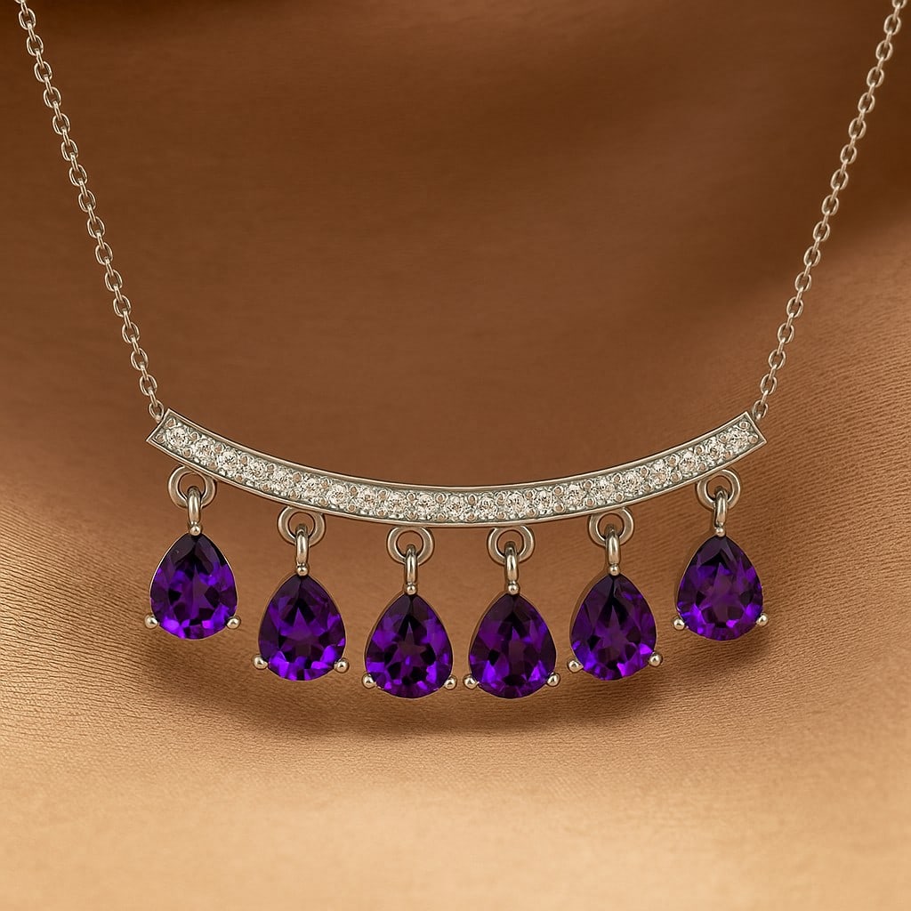 Natural Amethyst & Diamond 92.5 Sterling Silver Necklace: Natural Amethyst & Diamond 92.5 Sterling Silver Necklace Gemstone Shape : Pear Gemstone Size : 5x4 MM Gemstone Quantity : 6 Pieces Diamond Type : Lab Grown Diamond Shape : Round Diamond Color :