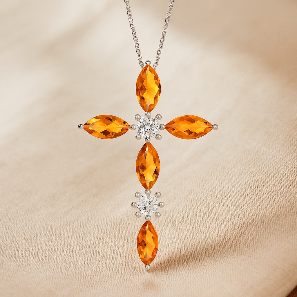 Natural Citrine & Diamond 92.5 Sterling Silver Pendant with Chain: Natural Citrine & Diamond 92.5 Sterling Silver Pendant with Chain Gemstone Shape : Marquise Gemstone Size : 7x3.5 MM Gemstone Quantity : 5 Pieces Diamond Type : Lab Grown Diamond Shape : Round