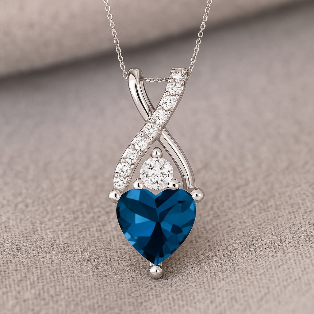 Natural London Blue Topaz & Diamond 92.5 Sterling Silver Pendant with Chain: Natural London Blue Topaz & Diamond 92.5 Sterling Silver Pendant with Chain Gemstone Shape : Heart Gemstone Size : 5 MM Gemstone Quantity : 1 Piece Diamond Type : Lab Grown Diamond Shape : Round