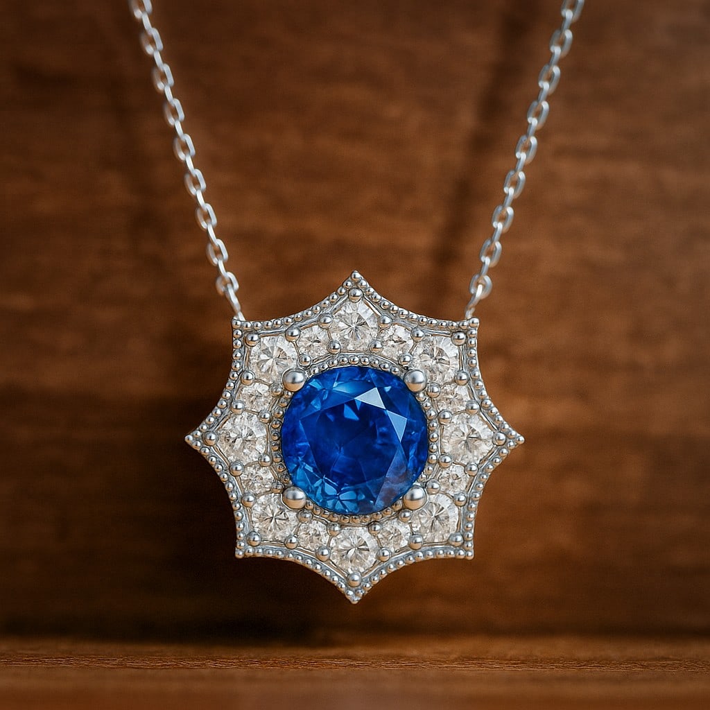 Natural Blue Sapphire & Diamond 92.5 Sterling Silver Pendant with Chain: Natural Blue Sapphire & Diamond 92.5 Sterling Silver Pendant with Chain Gemstone Shape : Round Gemstone Size : 5 MM Gemstone Quantity : 1 Piece Diamond Type : Lab Grown Diamond Shape : Round Di