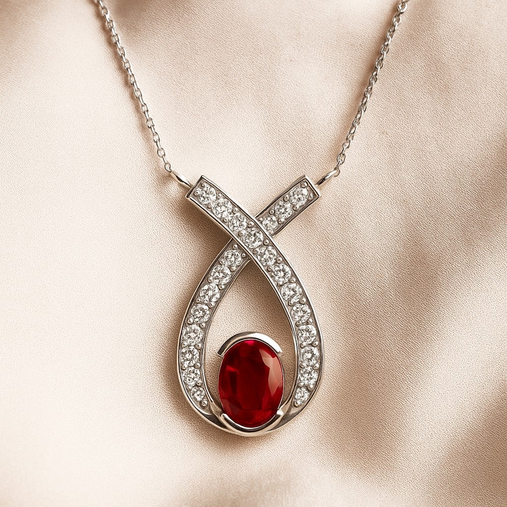 Natural Ruby & Diamond 92.5 Sterling Silver Pendant with Chain: Natural Ruby & Diamond 92.5 Sterling Silver Pendant with Chain Gemstone Shape : Oval Gemstone Size : 7x5 MM Gemstone Quantity : 1 Piece Diamond Type : Lab Grown Diamond Shape : Round Diamond Co