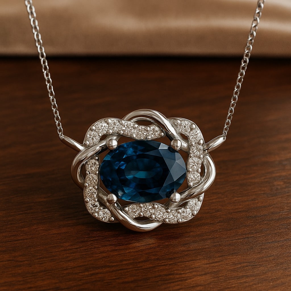 Natural London Blue Topaz & Diamond 92.5 Sterling Silver Necklace: Natural London Blue Topaz & Diamond 92.5 Sterling Silver Necklace Gemstone Shape : Oval Gemstone Size : 7x5 MM Gemstone Quantity : 1 Piece Diamond Type : Lab Grown Diamond Shape : Round Diamond