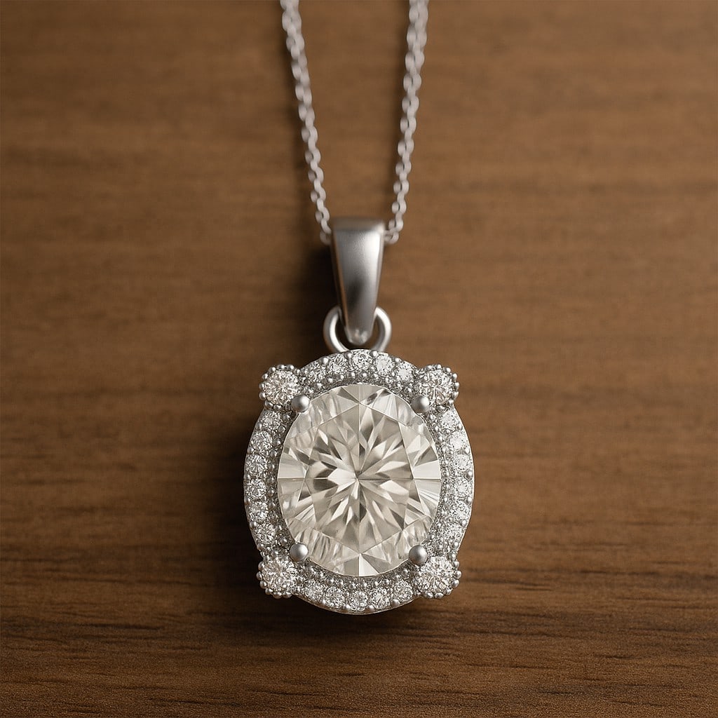 Lab Grown Diamond 92.5 Sterling Silver Pendant with Chain: Lab Grown Diamond 92.5 Sterling Silver Pendant with Chain Gemstone Shape : Oval Gemstone Size : 10x8 MM Gemstone Quantity : 2 Pieces Diamond Type : Lab Grown Diamond Shape : Round Diamond Color