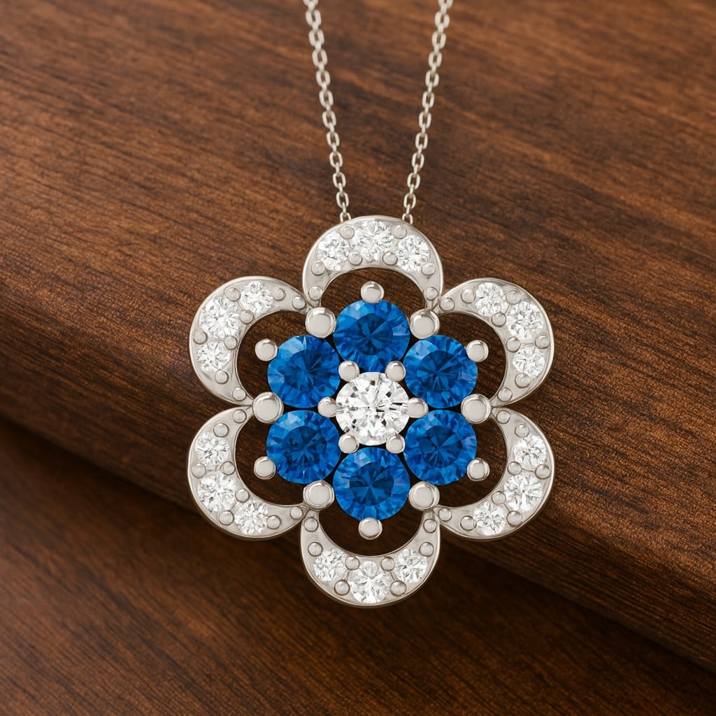 Natural Swiss Blue Topaz & Diamond 92.5 Sterling Silver Pendant with Chain: Natural Swiss Blue Topaz & Diamond 92.5 Sterling Silver Pendant with Chain Gemstone Shape : Round Gemstone Size : 2.5 MM Gemstone Quantity : 6 Pieces Diamond Type : Lab Grown Diamond Shape : Round