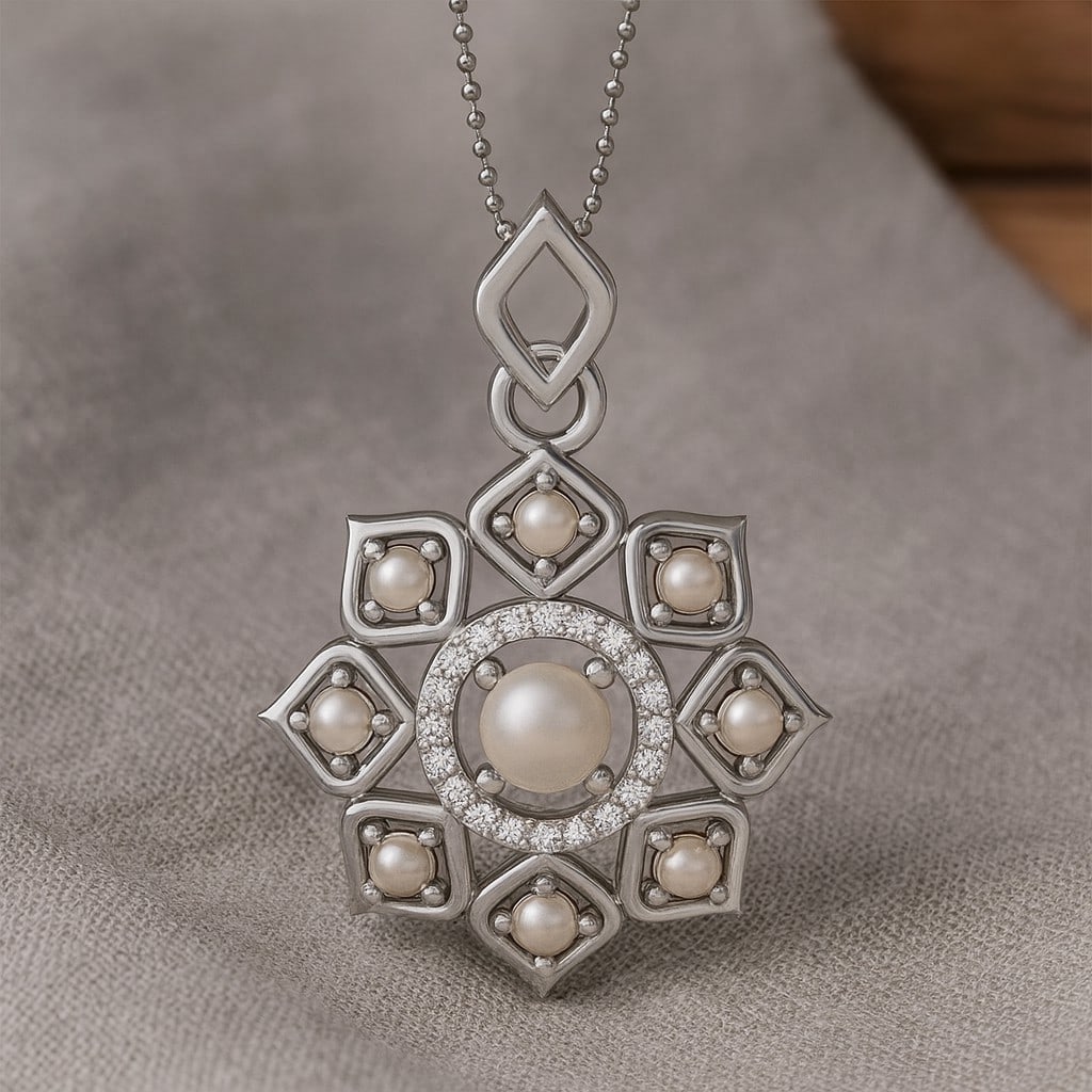 Natural Pearl & Diamond 92.5 Sterling Silver Pendant with Chain (1 of 7)