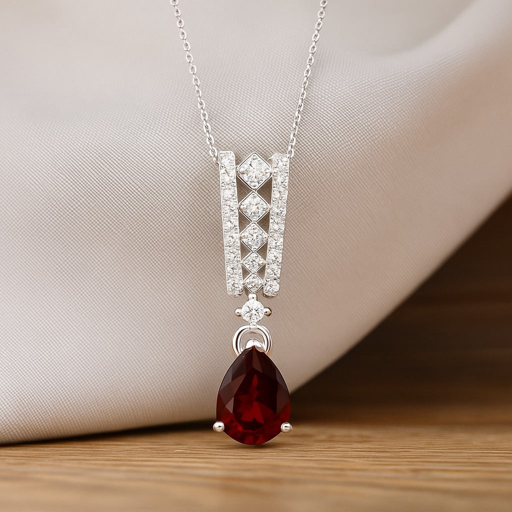 Natural Garnet & Diamond 92.5 Sterling Silver Pendant with Chain (1 of 7)