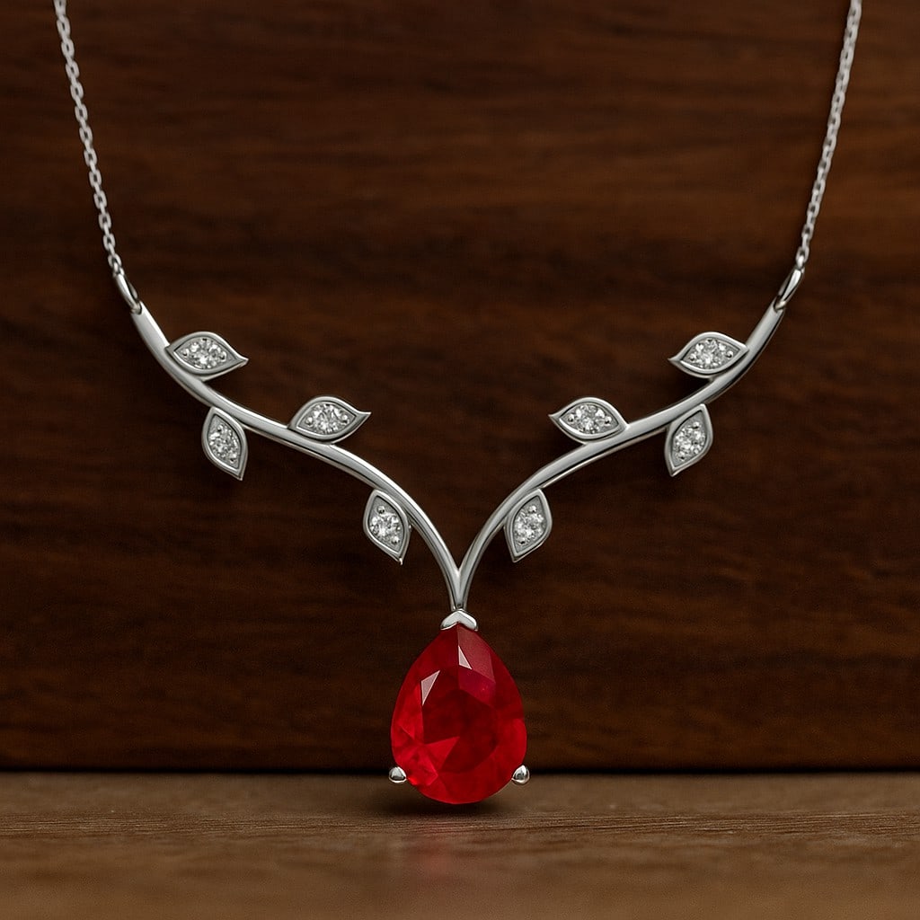 Natural Ruby & Diamond 92.5 Sterling Silver Necklace: Natural Ruby & Diamond 92.5 Sterling Silver Necklace Gemstone Shape : Pear Gemstone Size : 8x6 MM Gemstone Quantity : 1 Piece Diamond Type : Lab Grown Diamond Shape : Round Diamond Color : D