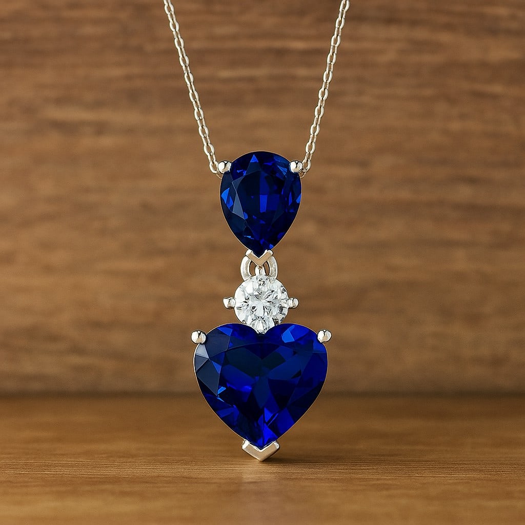 Natural Blue Sapphire & Diamond 92.5 Sterling Silver Pendant with Chain: Natural Blue Sapphire & Diamond 92.5 Sterling Silver Pendant with Chain Gemstone Shape : Heart, Pear Gemstone Size : 9 MM, 7x5 MM Gemstone Quantity : 2 Pieces Diamond Type : Lab Grown Diamond Shape :