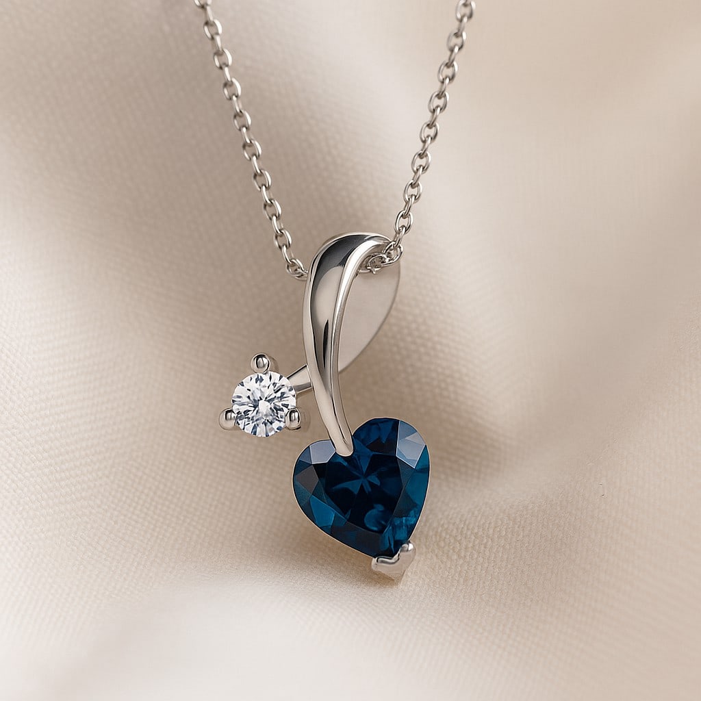 Natural London Blue Topaz & Diamond 92.5 Sterling Silver Pendant with Chain: Natural London Blue Topaz & Diamond 92.5 Sterling Silver Pendant with Chain Gemstone Shape : Heart Gemstone Size : 4 MM Gemstone Quantity : 1 Piece Diamond Type : Lab Grown Diamond Shape : Round