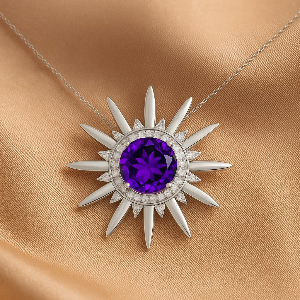 Natural Amethyst & Diamond 92.5 Sterling Silver Pendant with Chain: Natural Amethyst & Diamond 92.5 Sterling Silver Pendant with Chain Gemstone Shape : Round Gemstone Size : 8 MM Gemstone Quantity : 1 Piece Diamond Type : Lab Grown Diamond Shape : Round Diamond