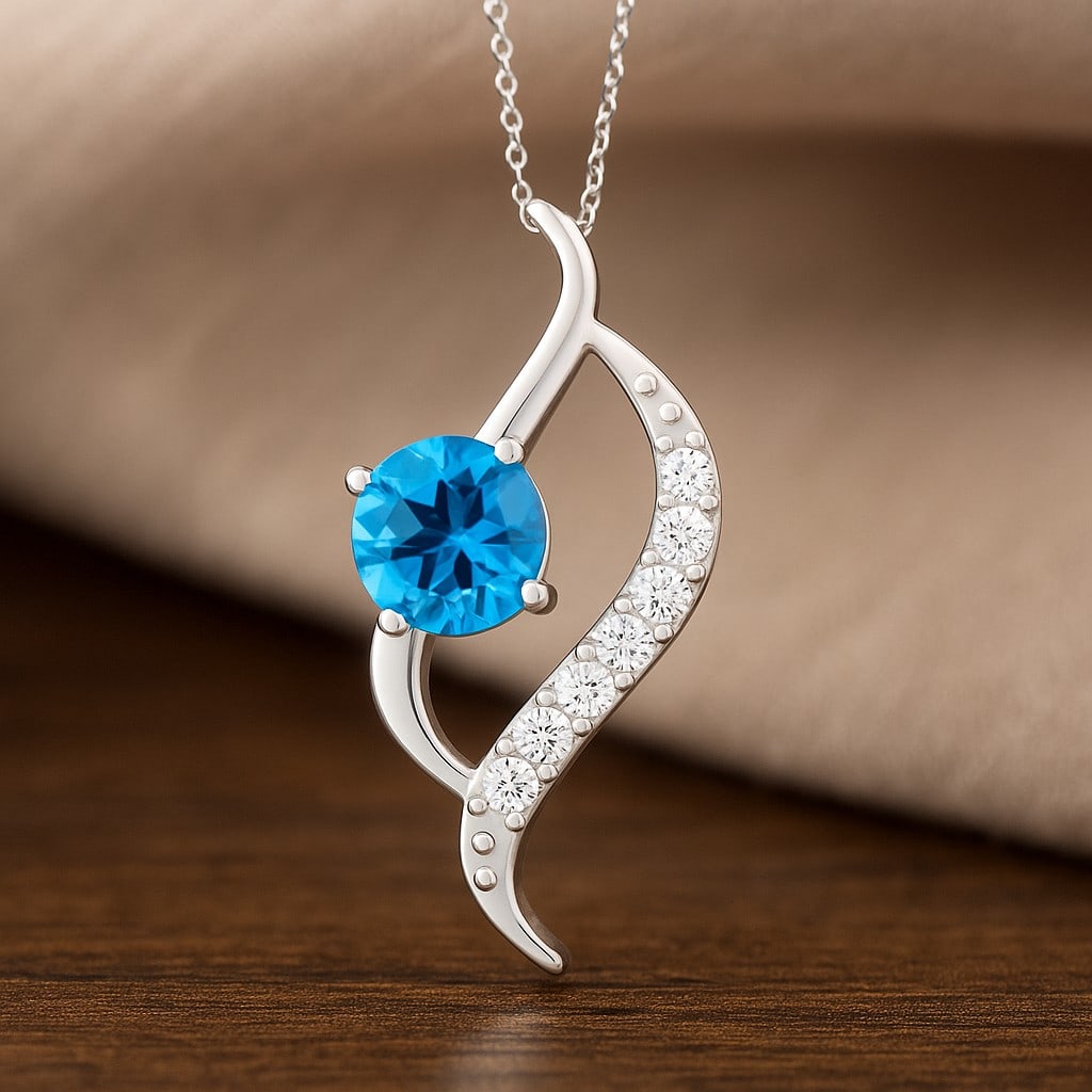 Natural Swiss Blue Topaz & Diamond 92.5 Sterling Silver Pendant with Chain: Natural Swiss Blue Topaz & Diamond 92.5 Sterling Silver Pendant with Chain Gemstone Shape : Round Gemstone Size : 6 MM Gemstone Quantity : 1 Piece Diamond Type : Lab Grown Diamond Shape : Round