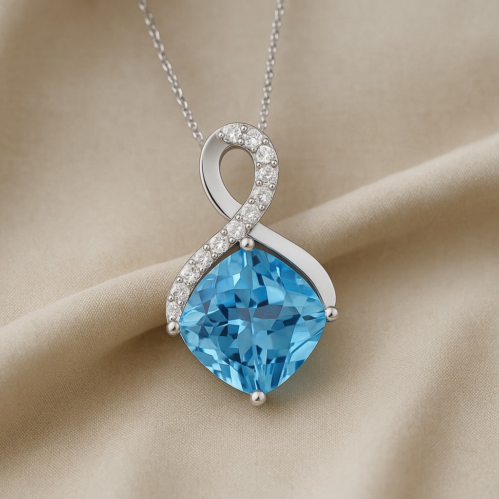 Natural Aquamarine & Diamond 92.5 Sterling Silver Pendant with Chain: Natural Aquamarine & Diamond 92.5 Sterling Silver Pendant with Chain Gemstone Shape : Cushion Square Gemstone Size : 8 MM Gemstone Quantity : 1 Piece Diamond Type : Lab Grown Diamond Shape : Round