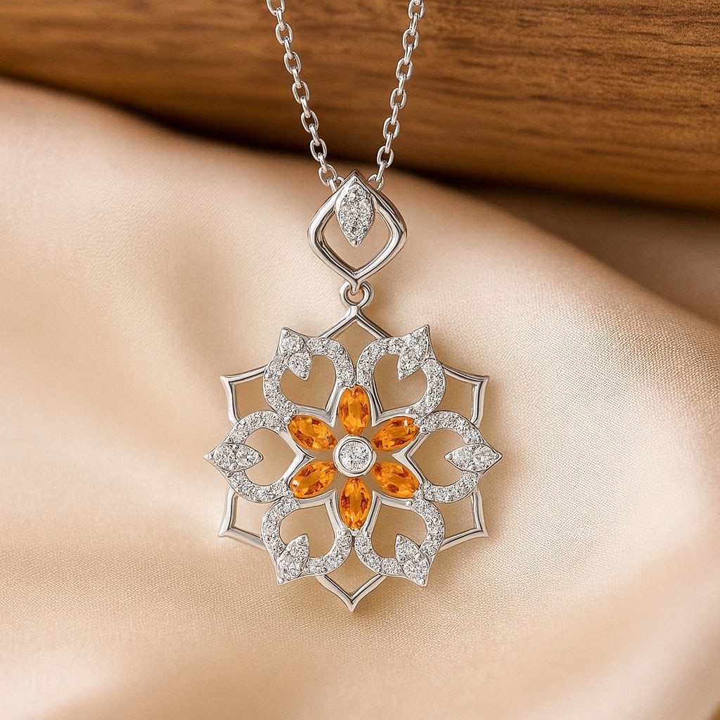 Natural Citrine & Diamond 92.5 Sterling Silver Pendant with Chain (1 of 7)