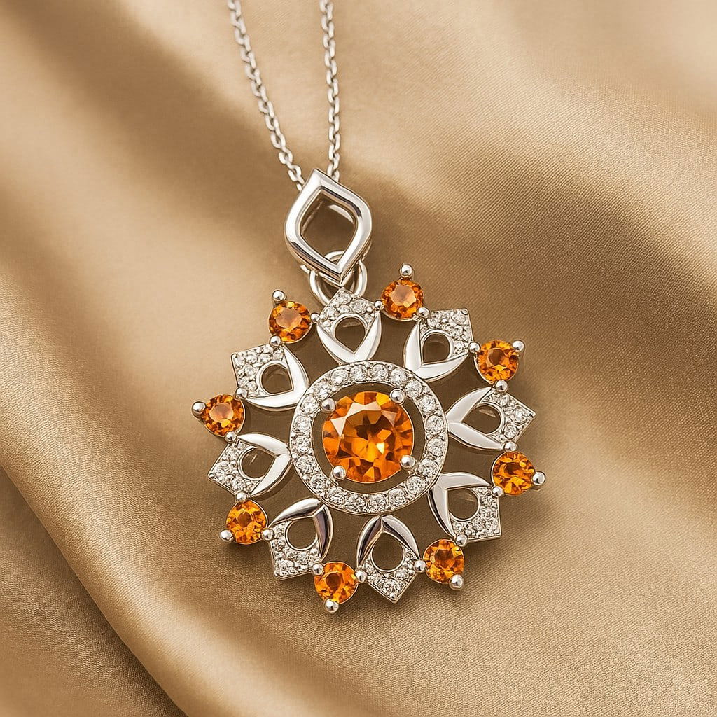 Natural Citrine & Diamond 92.5 Sterling Silver Pendant with Chain: Natural Citrine & Diamond 92.5 Sterling Silver Pendant with Chain Gemstone Shape : Round Gemstone Size : 4 MM, 2 MM Gemstone Quantity : 1 Piece, 8 Pieces Diamond Type : Lab Grown Diamond Shape : Round