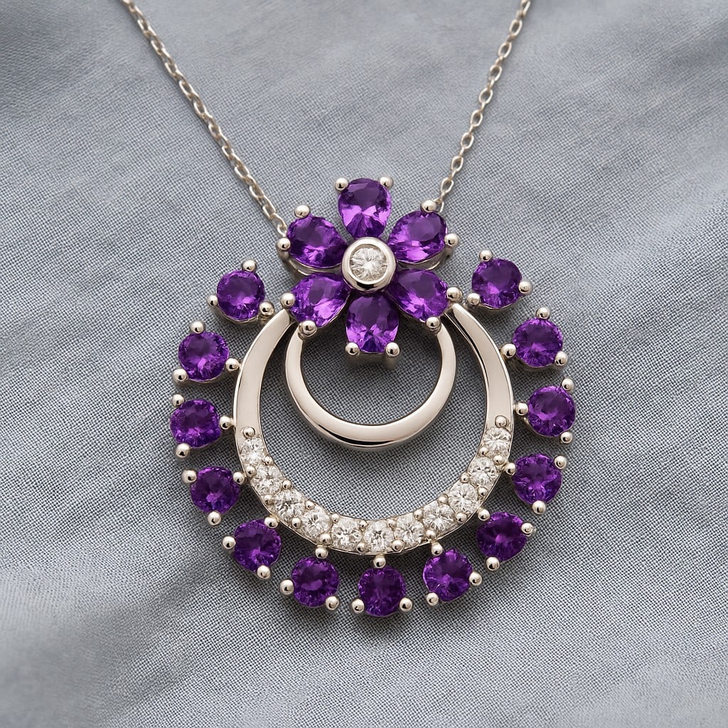 Natural Amethyst & Diamond 92.5 Sterling Silver Pendant with Chain: Natural Amethyst & Diamond 92.5 Sterling Silver Pendant with Chain Gemstone Shape : Round Gemstone Size : 3x2 MM, 2 MM Gemstone Quantity : 6 Pieces, 13 Pieces Diamond Type : Lab Grown Diamond Shape :
