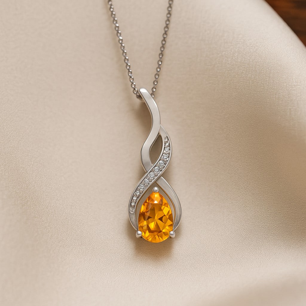 Natural Citrine & Diamond 92.5 Sterling Silver Pendant with Chain (1 of 7)