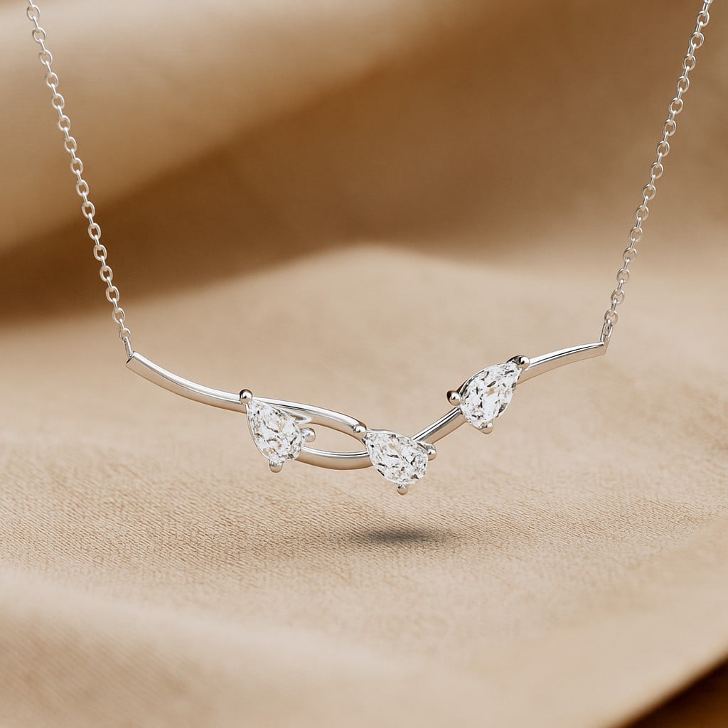 Lab Grown Diamond 92.5 Sterling Silver Necklace: Lab Grown Diamond 92.5 Sterling Silver Necklace Gemstone Shape : Pear Gemstone Size : 3 MM Gemstone Quantity : 3 Pieces Diamond Type : Lab Grown Diamond Shape : Round Diamond Color : D-E