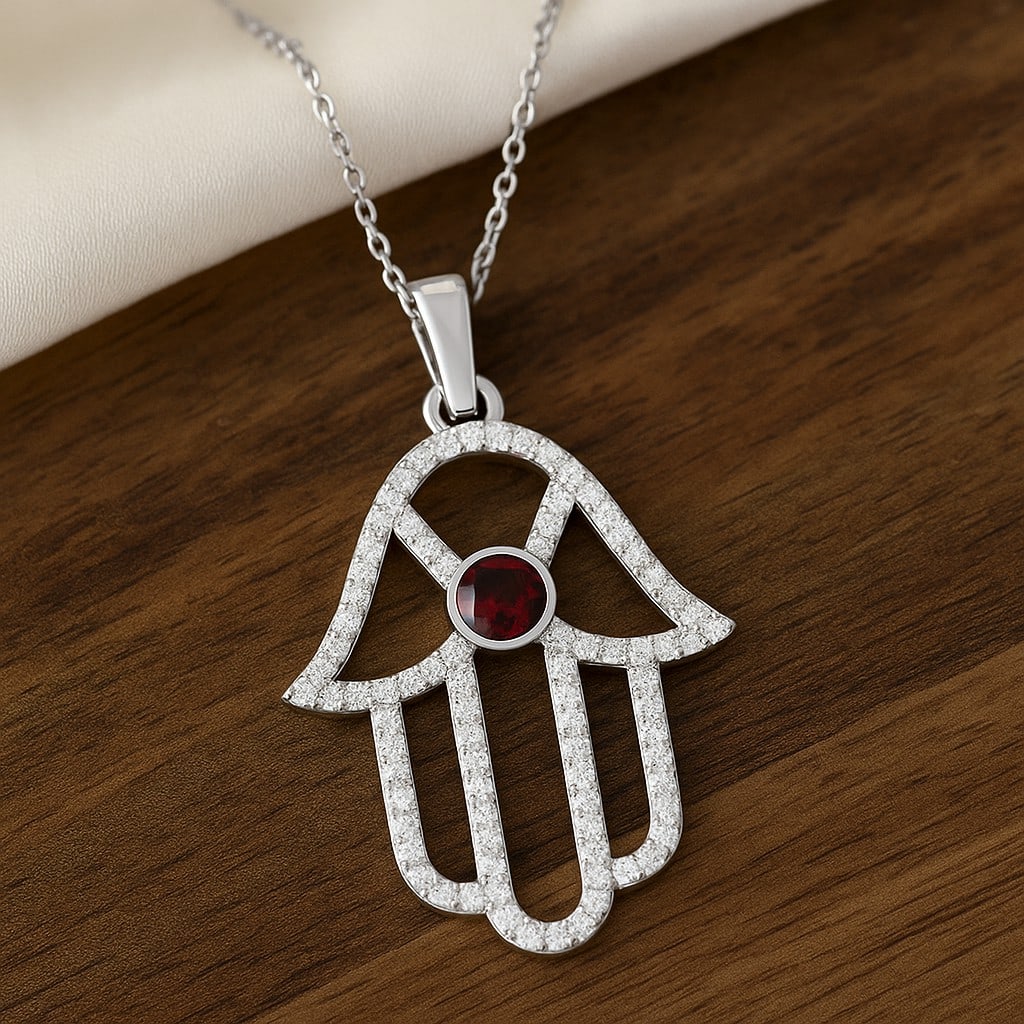 Natural Garnet & Diamond 92.5 Sterling Silver Pendant with Chain: Natural Garnet & Diamond 92.5 Sterling Silver Pendant with Chain Gemstone Shape : Round Gemstone Size : 3.5 MM Gemstone Quantity : 1 Piece Diamond Type : Lab Grown Diamond Shape : Round Diamond