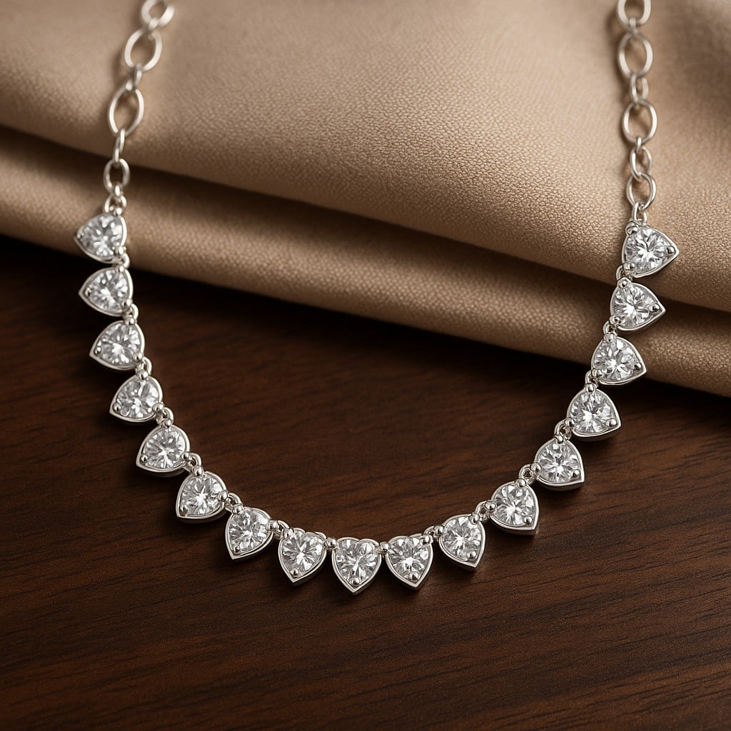 Lab Grown Diamond 92.5 Sterling Silver Necklace: Lab Grown Diamond 92.5 Sterling Silver Necklace Gemstone Shape : Heart Gemstone Size : 5 MM Gemstone Quantity : 15 Pieces Diamond Type : Lab Grown Diamond Shape : Heart Diamond Color : D-E</