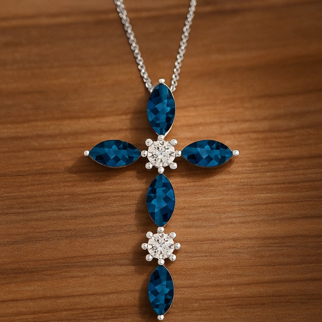 Natural London Blue Topaz & Diamond 92.5 Sterling Silver Pendant with Chain: Natural London Blue Topaz & Diamond 92.5 Sterling Silver Pendant with Chain Gemstone Shape : Marquise Gemstone Size : 7x3.5 MM Gemstone Quantity : 5 Pieces Diamond Type : Lab Grown Diamond Shape : Rou