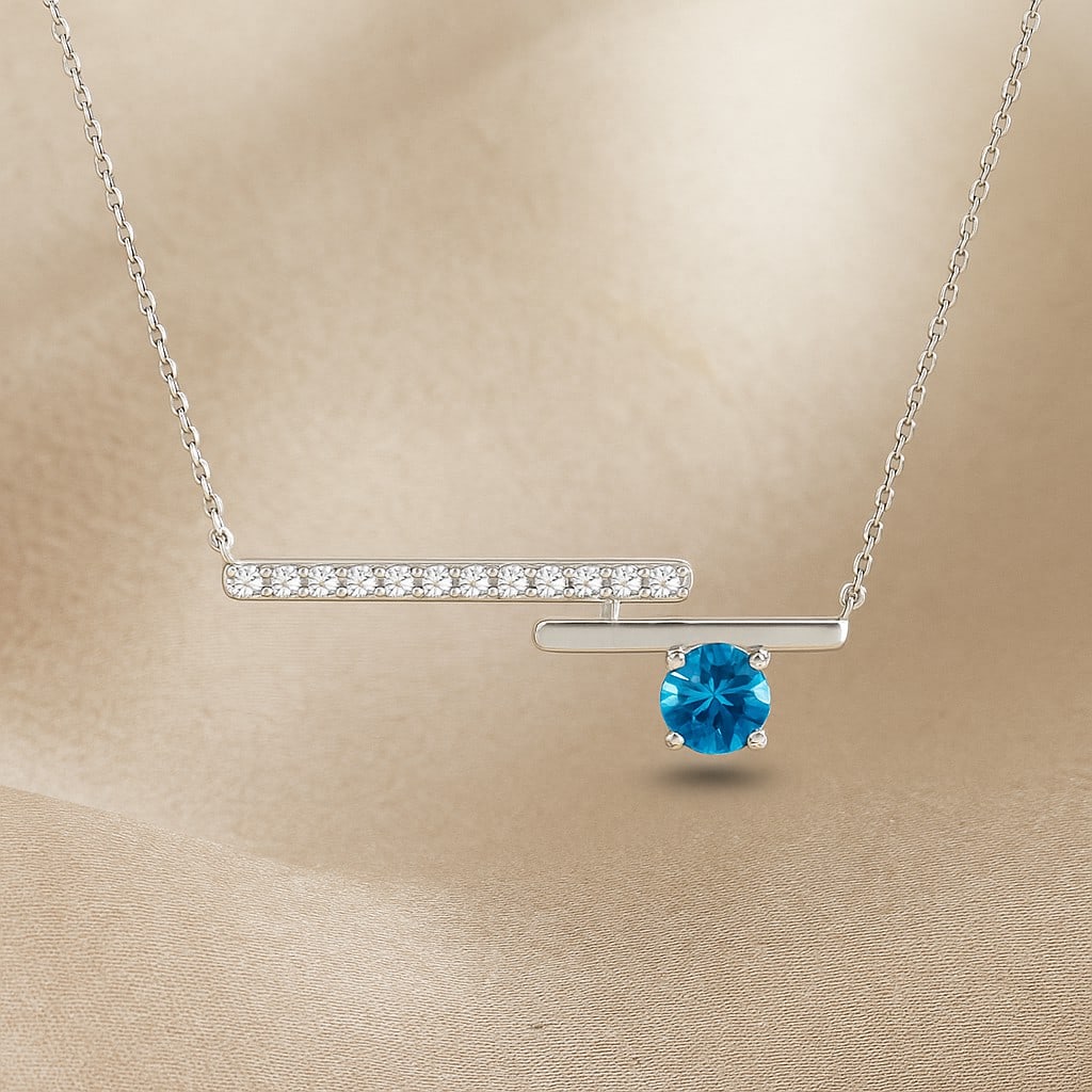 Natural Swiss Blue Topaz & Diamond 92.5 Sterling Silver Necklace: Natural Swiss Blue Topaz & Diamond 92.5 Sterling Silver Necklace Gemstone Shape : Round Gemstone Size : 3.5 MM Gemstone Quantity : 1 Piece Diamond Type : Lab Grown Diamond Shape : Round Diamond