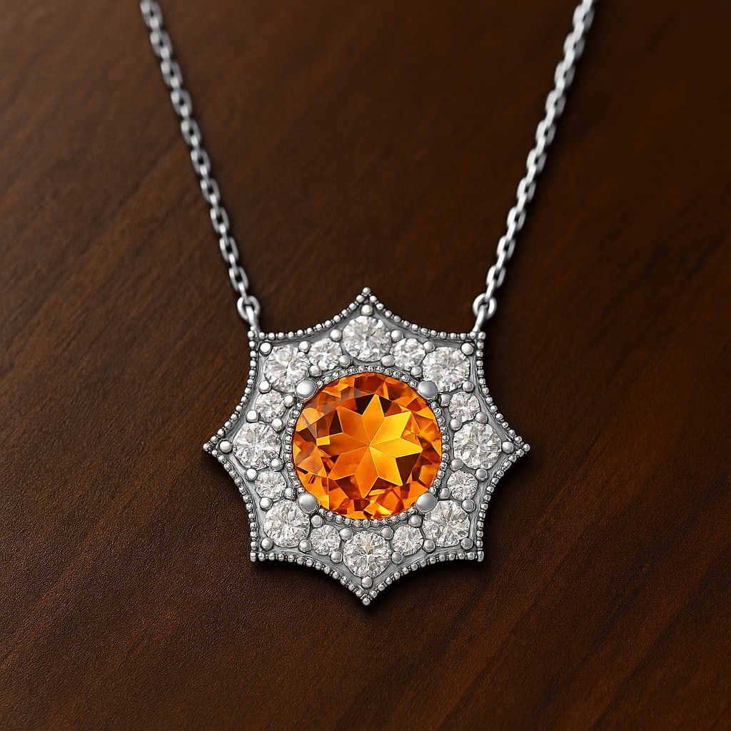 Natural Citrine & Diamond 92.5 Sterling Silver Pendant with Chain: Natural Citrine & Diamond 92.5 Sterling Silver Pendant with Chain Gemstone Shape : Round Gemstone Size : 5 MM Gemstone Quantity : 1 Piece Diamond Type : Lab Grown Diamond Shape : Round Diamond