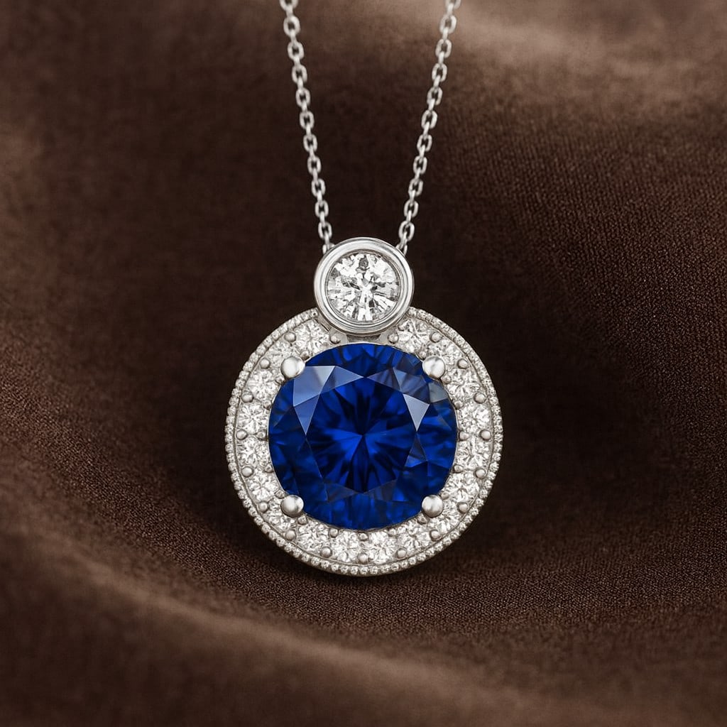 Natural Blue Sapphire & Diamond 92.5 Sterling Silver Pendant with Chain: Natural Blue Sapphire & Diamond 92.5 Sterling Silver Pendant with Chain Gemstone Shape : Round Gemstone Size : 7 MM Gemstone Quantity : 1 Piece Diamond Type : Lab Grown Diamond Shape : Round Di